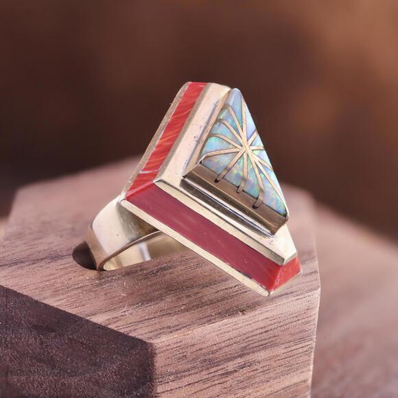Vintage Larry Castillo Navajo Brass Coral Opal Inlay Brutalist SW Ring Size 9.25 - Picture 3 of 11